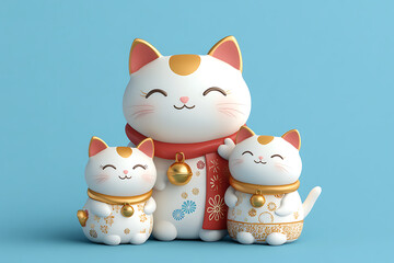 Three adorable cat figurines in a playful pose against a soft blue background, ideal for decor