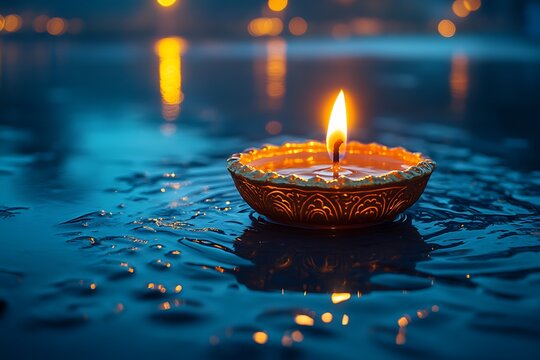Diwali diya floating in water with reflections and soft bokeh background lighting - Powered by Adobe