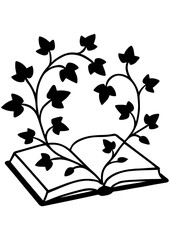 Black and white vector illustration of an open book wrapped in ivy leaves. Perfect for engraving, prints, logos, and creative projects