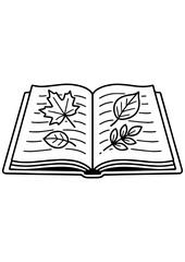 Black and white vector of an open book with autumn leaves on its pages. Ideal for engraving, printing, logos, and creative projects