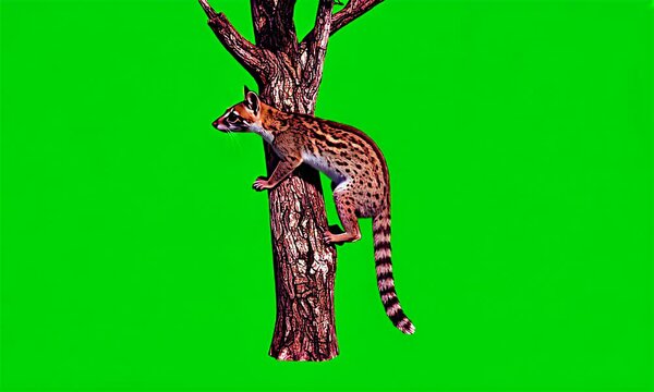 Spotted genet scaling a tree, against a green backdrop