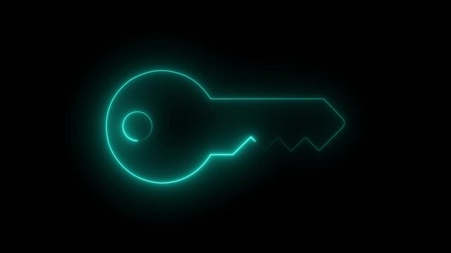 turquoise color key icon glowing neon key animation video close open lock sign Symbol on black background