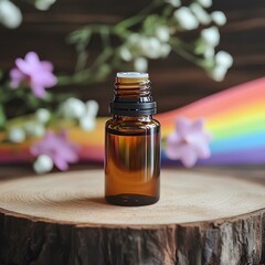 Essential Oil Bottle on Wood with Rainbow Pastel Theme