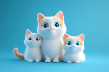 Three adorable cartoon cats with big blue eyes sitting together against a bright blue background