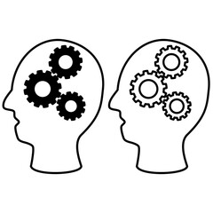 human head icon with gear wheel, flat style pictogram icon for ui or ux mobile app, vector illustration logo symbol design, isolated on white