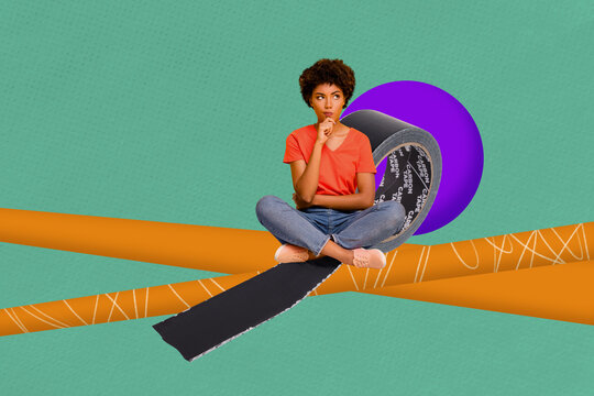 Fototapeta Collage of smiling person sitting on giant tape roll in surreal space representing imagination abstract thought