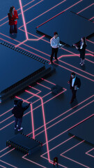 Corporate users interacting over futuristic neon-red chip surface representing digital collaboration. Concept of communication, network, business, innovation, futurism, technology. Composite collage
