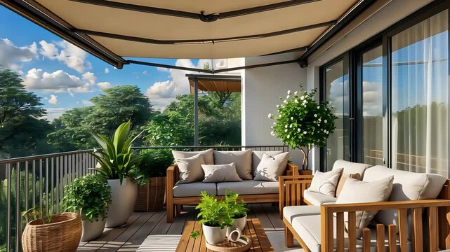 Modern balcony with beige awning, wooden furniture, cozy sofas, potted plants, glass railing, scenic view, sunny day, outdoor seating, green trees, relaxing space