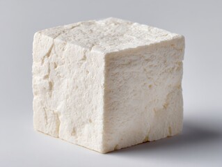 A cube of tofu on a white surface