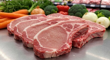 Fresh Pork Chops Displayed with Colorful Vegetables on Market Counter, Showcasing Quality Meat and Healthy Ingredients for Cooking
