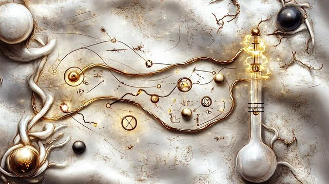 Mystical alchemical symbols and elements on ancient parchment with golden highlights.