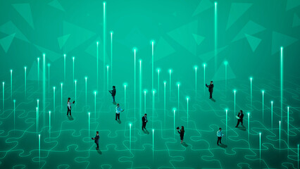Business users navigating field of light beams and puzzle-shaped connections visualizing data transmission. Concept of communication, network, business, technology. Composite collage