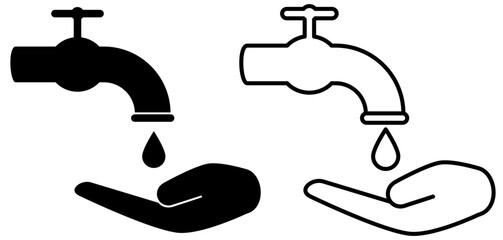 water faucet icon with hands up, flat style pictogram icon for ui or ux mobile app, vector illustration logo symbol design, isolated on white