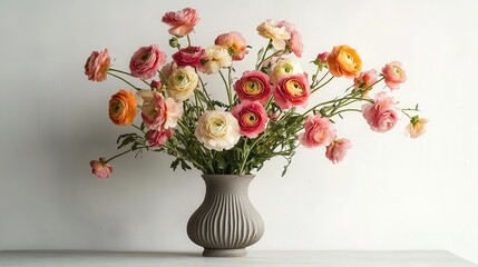 A bouquet of pink, orange, and white ranunculus flowers in a clear glass vase with water, on a white background.