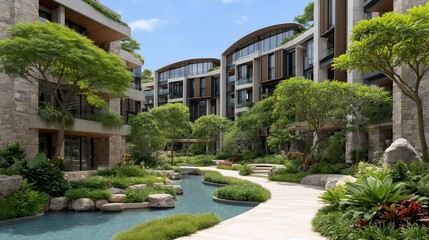 Modern residential complex with lush landscaping and water features