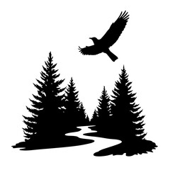 Obraz premium Silhouette of bird flying over forest path, blending reality and digital concepts in art and nature design