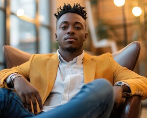 A confident young man in a stylish yellow blazer seated comfortably in a modern lounge, surrounded by warm lighting and contemporary decor, exuding a relaxed yet professional vibe