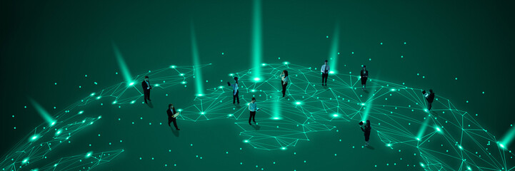 Professionals communicating over digital earth surface with glowing data points symbolizing interconnected world. Concept of communication, network, business, technology. Composite collage