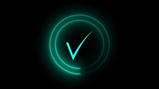 glowing neon check mark icon animation on neon line. on black background. tik mark icon