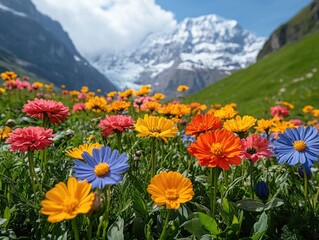 Obraz premium Field of colorful flowers blooms before snow capped mountain peaks. Perfect for travel brochures, nature blogs, and scenic backgrounds.