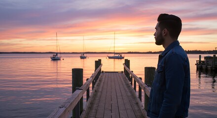Fototapeta premium Man on Dock at Sunset