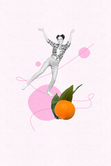 Collage of joyful person with abstract shapes orange slice expressing excitement playful energy in creative layout