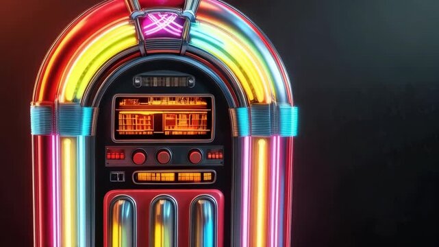 Classic glowing jukebox on dark background with red, yellow, blue, pink, and white neon lights creating retro 1950s aesthetic in dimly lit room.