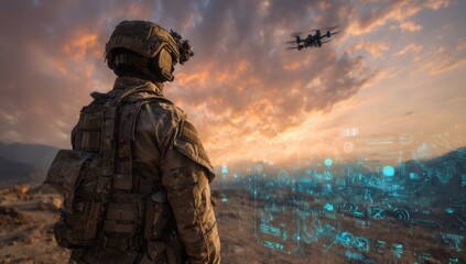 Soldier watching drone with digital display outdoors