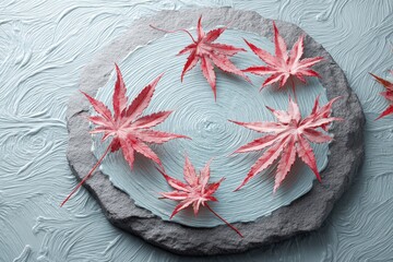 Pale stone platter holding vibrant autumn leaves.