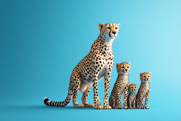 Naklejka premium A family of cheetahs standing together against a vibrant blue backdrop, showcasing their unique spots