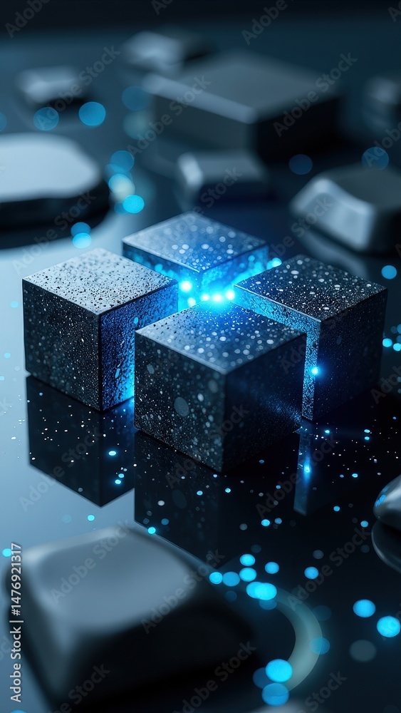 Wall mural black cube with a blue light shining on it, creating a striking contrast between the dark color of