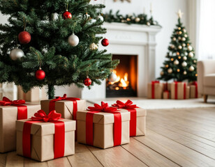 New Year tree in a light interior. Many gifts. Christmas. AI generated.