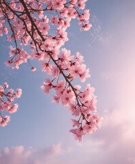 Floating pink sakura petals against a blurred pastel sky ,  pastel,  falling,  blurred