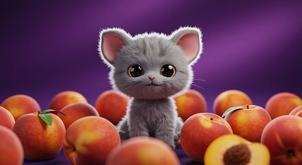 Cute Cartoon Kitten Among Peaches