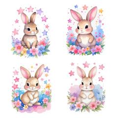 Cute bunny surrounded by pink stars and flowers -vector watercolor illustrations for Baby Shower for girls, for birthday 