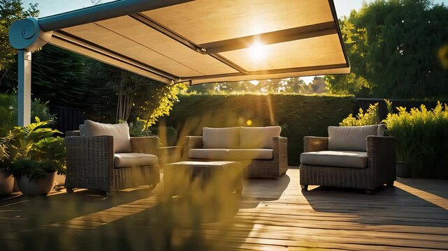Outdoor patio with retractable awning, wicker furniture, sofa chairs, wooden deck, sunset glow, garden plants, cozy relaxation area, green hedge, warm lighting