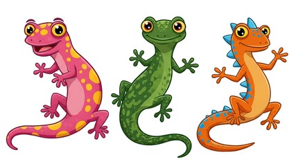 Obraz premium Three Cute Cartoon Lizards Gecko Illustration