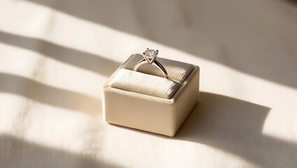 Small Beige Velvet Ring Box Holding a Delicate Solitaire Engagement Ring on Smooth Linen Surface in Soft Diffused Lighting
