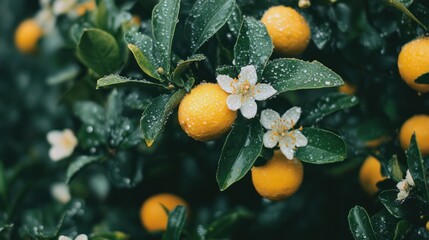Close-up view of citrus fruits with blossoms and raindrops.