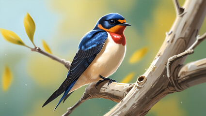 Fototapeta premium A close-up, realistic illustration of a Barn Swallow (Hirundo rustica) perched gracefully on a beautiful natural branch,
