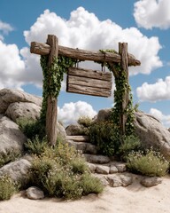 Rustic wooden sign on rocky path