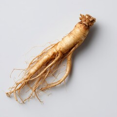 A close up of a ginseng root on a white surface