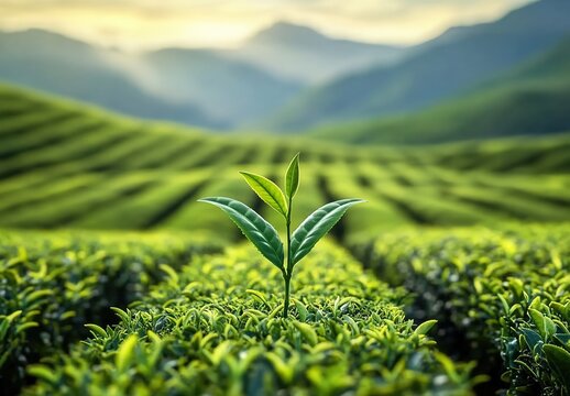 Tea plantation with young bud, terraced fields and distant mountains under soft sunlight.