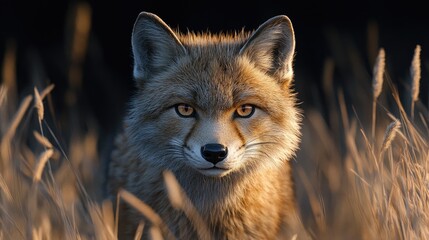 Fototapeta premium A close-up of a fox standing in a sunlit field with golden grass, showcasing its stunning eyes and fur.