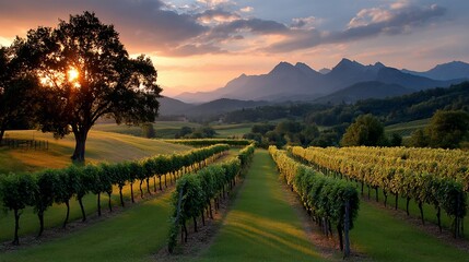 Naklejka premium Scenic vineyard at sunset with mountains