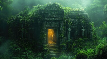 Ethereal ancient temple hidden in lush jungle, illuminated doorway beckoning exploration and adventure in a mystical setting