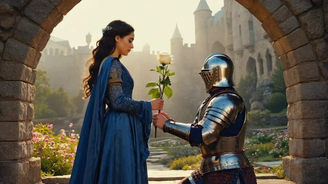 A shining knight kneels before a lady in blue and offers a single rose within castle walls. Concept of chivalric romance and timeless devotion.
