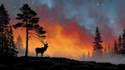 Silhouette deer in misty forest at sunset