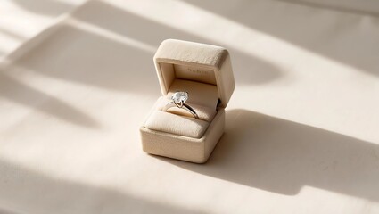 Small Beige Velvet Ring Box Holding a Delicate Solitaire Engagement Ring on Smooth Linen Surface in Soft Diffused Lighting

