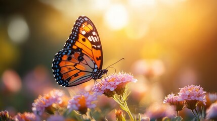 Obraz premium A delicate monarch butterfly gracefully rests on vibrant pink flowers while glowing sunlight enhances the enchanting garden atmosphere
